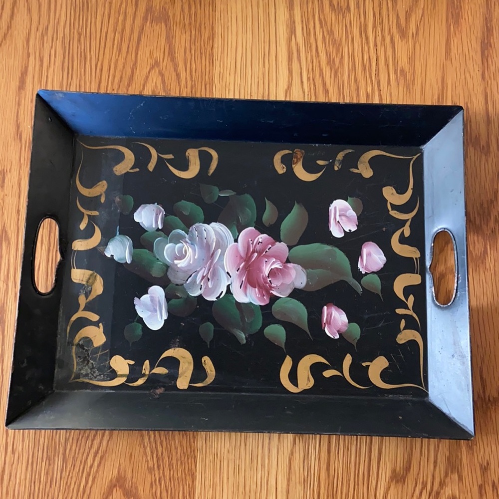 Vintage Black Metal Floral Tray